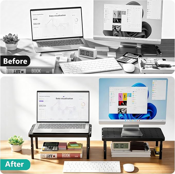 WALI Dual Monitor Riser for Desk, Adjustable Laptop Riser, up to 44 lbs | Computer Monitor Stand with Airflow Vents, Fits Monitors, Notebook, Printers, for Home, Office, School (PTT001‑2), 2 Pack