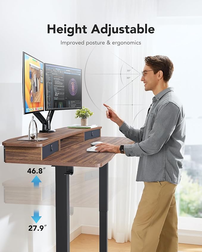 HUANUO 55" x 26" Electric Standing Desk with 2 Drawers, C-Clamp Mount Compatible, Height Adjustable Computer Desk, Home Office Stand Up Desk with 4 Preset Heights & 2 Hooks, Walnut