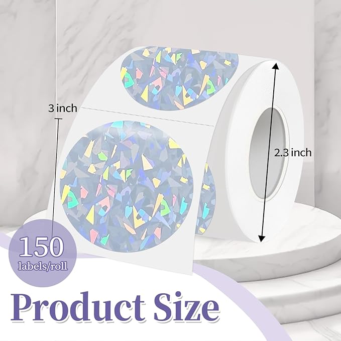 3 Inch Holographic Thermal Labels,Round Thermal Printer Labels,Waterproof Thermal Printer Stickers for DIY Logo Design,Name Tag,QR Code,Thanks Card 150 Labels/Roll (Glass Fragments)