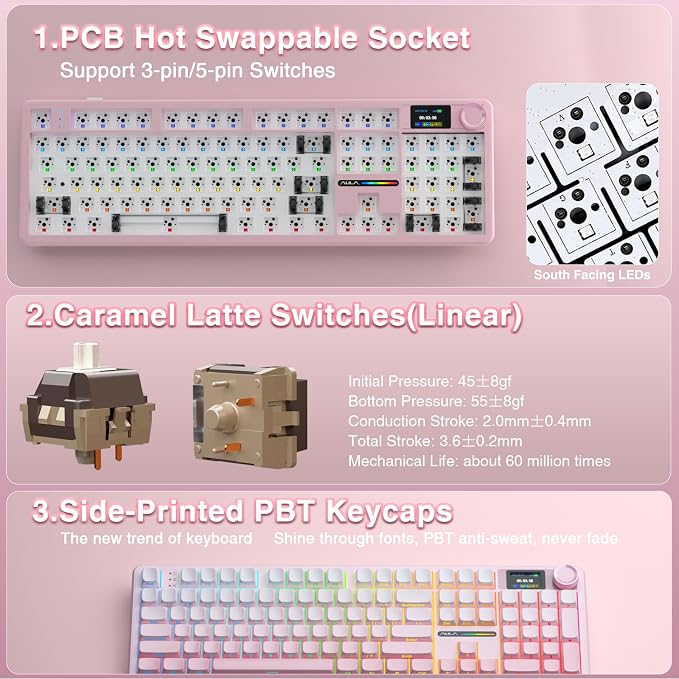 AULA F108 PRO - Wireless Mechanical Keyboard with Screen & Knob,Full Size Keyboard with 8000mAh Battery,Pre-lubed Switches,Side Printed PBT Keycaps,RGB Backlit Hot Swappable Custom Pink Keyboards