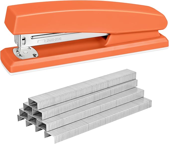 Stapler with 5000 Staples - 25 Sheet Capacity, Staplers for Desk, Orange | Non-Slip Office Stapler for classroom, home, School