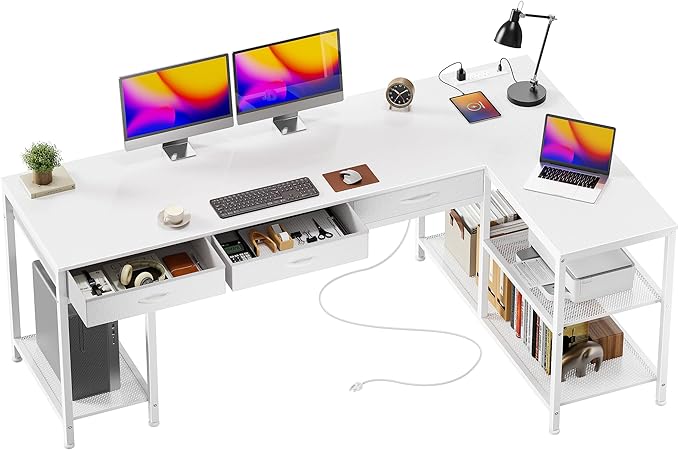 63 Inch L Shaped Office Desk with Power Outlets and Type-C Port, Large Computer Gaming Desk with 3 Fabric Drawers, Mesh Shelves, Corner Study Work Writing Desk, White