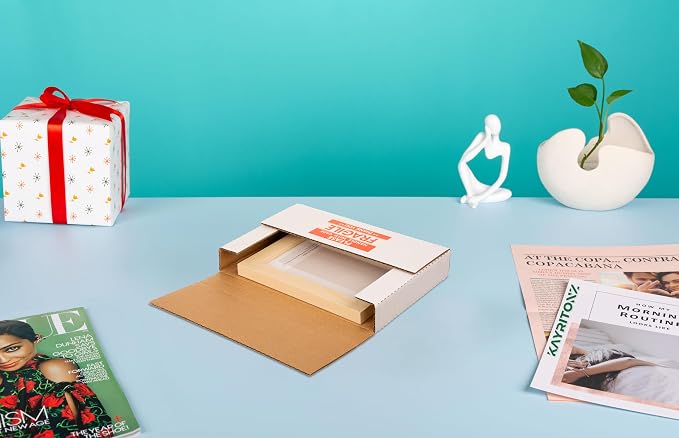 9x6x1.3 inch Cardboard Box for Shipping DVD, CD, Book, 50 Pack | Flat Small Box for Mailing, Storing, packaging, Business or Home, with Fragile Stickers, Multi-Depth, Easy-Fold, White