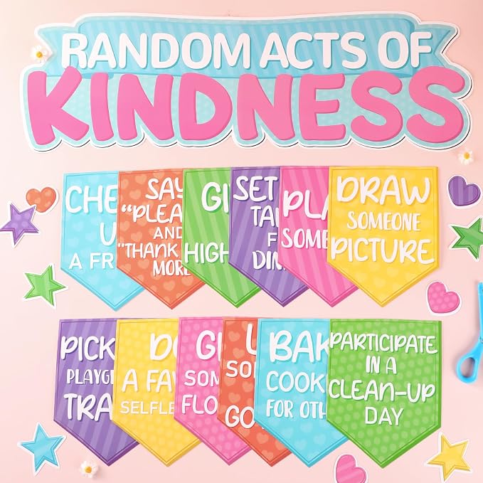 Random Acts of Kindness Bulletin Board Set Colorful Motivational Classroom Bulletin Decorations Rainbow Flip Kind Challenge Cutouts for Back to School Office Home Chalkboard Decor Wall Door