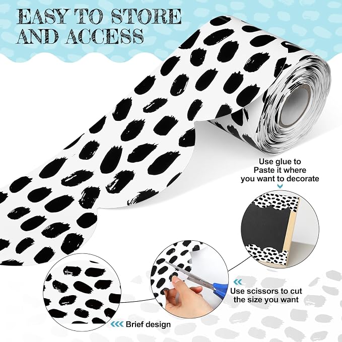 Zonon 65 Feet Bulletin Board Borders, Scalloped Black White Dots Classroom | White with Black Dots Pattern, Scalloped Edge Trim, Perfect for Classroom Bulletin Board Displays, Back to School Decoration