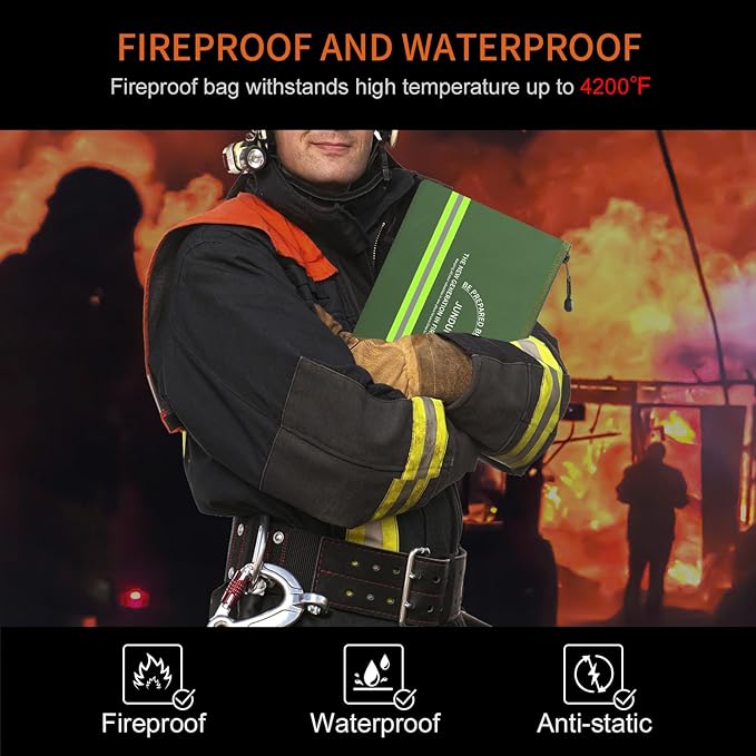 JUNDUN Fireproof Document Bag,14.2”x 10.0”Waterproof and Fireproof Money Bag with Aluminum Foil Lining,Fireproof Safe Storage Pouch with Zipper for Document and Cash,Green
