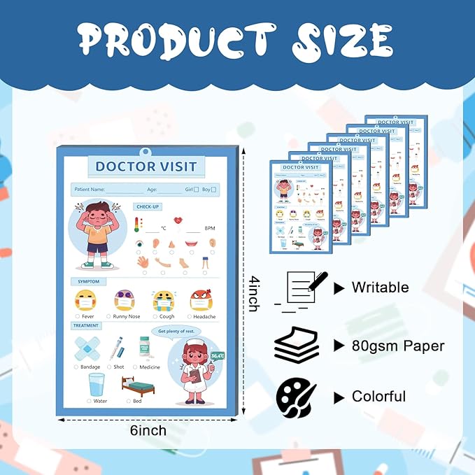 Kids Pretend Play Notepads 4X6 In Pretend Play Notebooks Playtime Notepads Variety Role Play Game Accessories Pages Each for Kids Toddlers 3-5(6,Blue Doctor Visit)