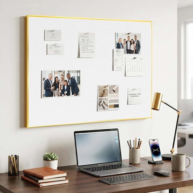 Linen Bulletin Board, 24"x18" Decorative Fabric Pin Board Vision Board | Gold Aluminum Frame, Upgraded White Canvas Surface, Wall Mounted, for Home Office Bedroom Dorm Wall Decor