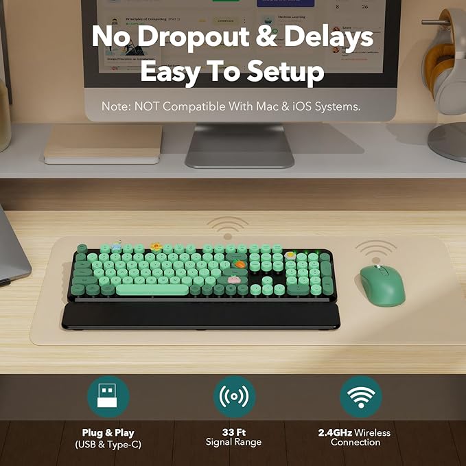 Wireless Keyboard and Mouse Combo, Round Keycaps, Full-Size Retro Typewriter Keyboard with Magnetic Wrist Rest, Tilt Legs, 2.4GHz Cordless for Mac, Windows PC, Laptop, SABLUTE CK23, Black & Green