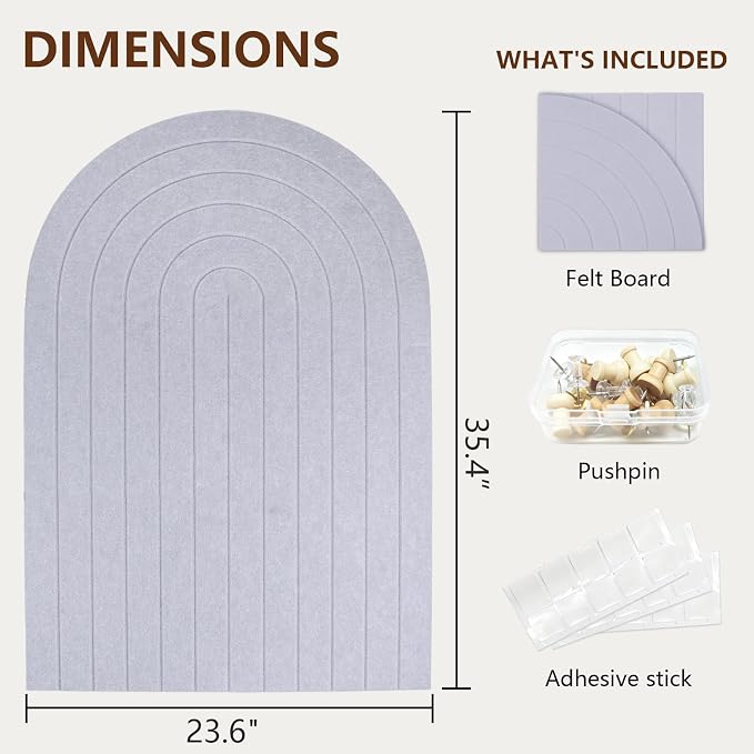 Large Arched Felt Bulletin Board 35" x 24" Cork Board Alternative with 30 Pushpins, 30 Adhesive Tabs, Wall Paneling and Cork Boards for Office and Home Wall Decor (Gray)
