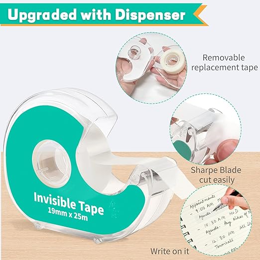 6 Invisible Clear Tape, Transparent Tapes with Refillable Dispenser, 3/4 X 1000 Inches Frosted Writable, Clear Tape Refill Rolls for Gift Wrapping, Home, School Office Supplies