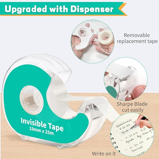12 Invisible Clear Tape, Transparent Tapes with Refillable Dispenser, 3/4 X 1000 Inches Frosted Writable, Clear Tape Refill Rolls for Gift Wrapping, Home, School Office Supplies