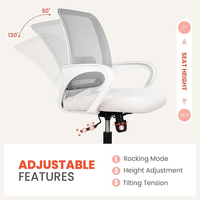 NEO Chair Office Desk Ergonomic Mesh Computer Chair with Lumbar Support Adjustable Height Swivel Rolling Wheels Comfy Mid Back Task Chair for Home Bedroom Vanity Study (Ivory)