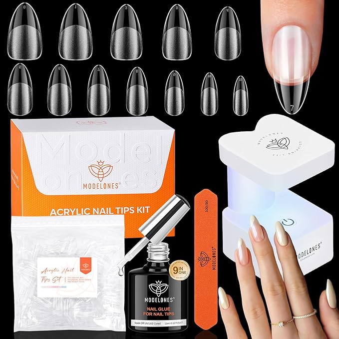 modelones X Nail Gel Kit Kit Medium Almond, 9-in-One Nail Glue with Portable U V Lamp 216Pcs 12Sizes Pre-Etched Press ons Fake Acrylic Extension Kit DIY Salon Gift for Women