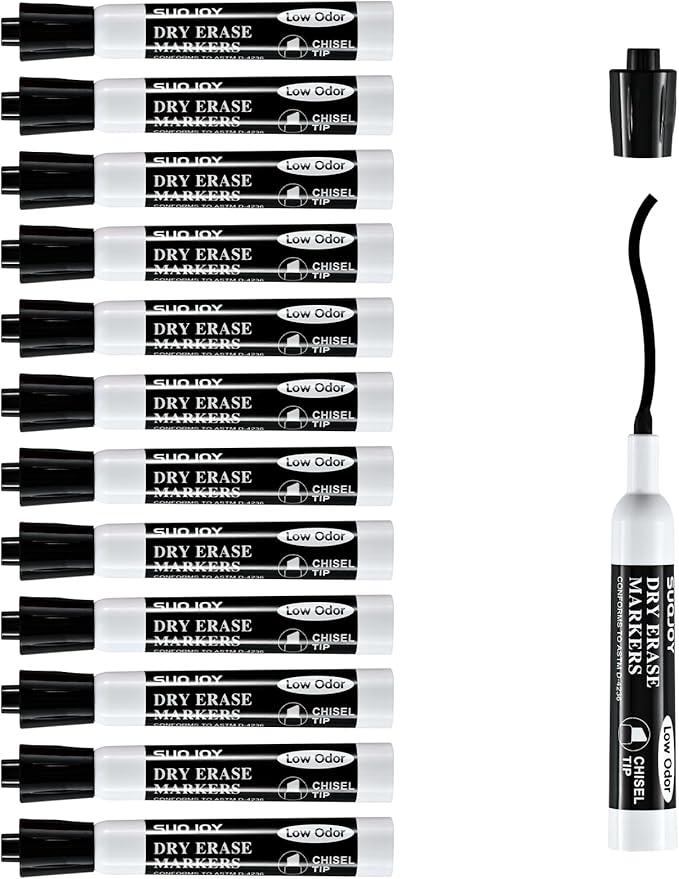 Dry Erase Markers, Chisel Tip Whiteboard Marker, Low Odor Thick Dry Markers, 12 Bulk Black Color Markers for office.