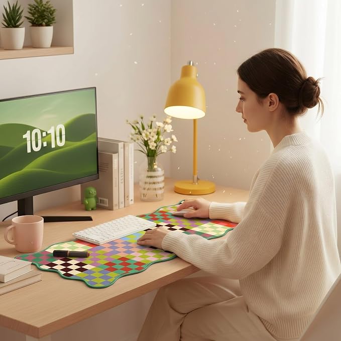 1 Pcs Colorful Scalloped Checkered Desk Mat 31.5 x 11.8 Large Cute Mouse Pad Computer Mat Non Slip Waterproof Rubber Base with Border Stitching Soft Keyboard Pad for Home Office Game Makeup