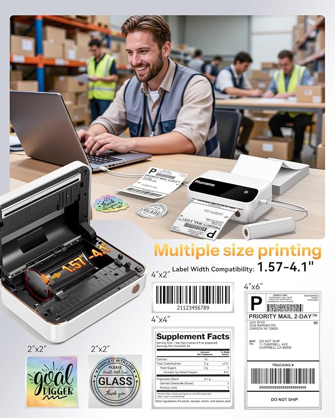 Phomemo Thermal Label Printer, Bluetooth 4x6 Shipping Label Printer for Small Business, Portable Wireless Thermal Printers for Shipping, Barcode, Logo, 4 Inch Label Maker Compatible with Phone & PC