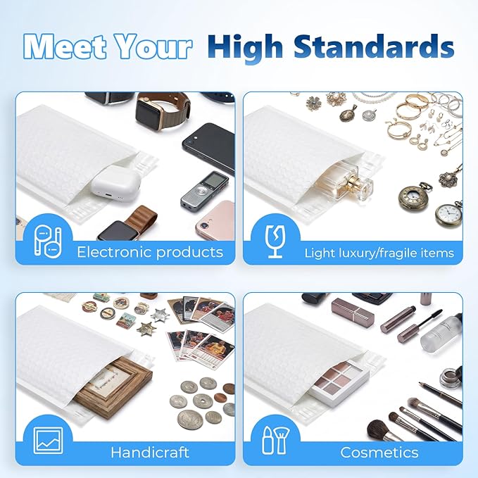 Metronic Bubble Mailers 4.76x8" 50 Pack Padded Envelopes with 1/7" Thickened Bubble Waterproof Mailing Envelopes Usable Size 4.76x7" Shipping Bag for Fragile Products, 4x7 Items,Small Business, White