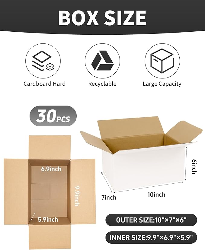 10x7x6 Inch Medium Shipping Boxes 30 Pack, White Corrugated Cardboard Box, Mailing Packaging Boxes for Small Business