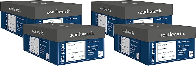 Southworth FSC Certified 55% Recycled 25% Cotton Linen Business Envelopes, 10 (4 1/8in x 9 1/2in), 24 Lb, Ivory, Box Of 250, J564-10 (Pack of 4)