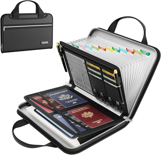 Tamfile Accordion File Organizer, Fireproof Important Document Organizer | Heat Insulation, 13 Transparent Pockets, Portable Home Travel Safe Storage Expanding File Folder for A4, Letter, Paper, Black