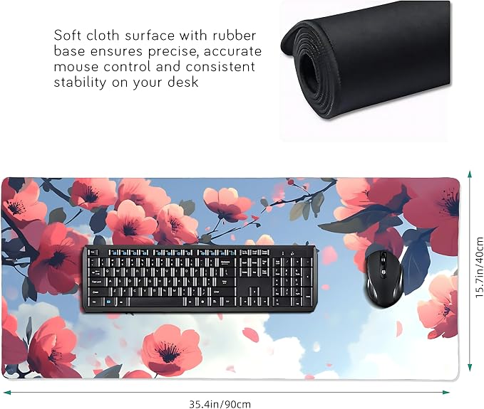 Cute Floral Aesthetic Cherry Gaming Mouse Pad, Blue Pink Anime Desk Mat with Anti-Slip Base & Stitched Edges, Office Supplies & Desk Decor for Women, 35.4" x 15.7" in Home Office Essentials