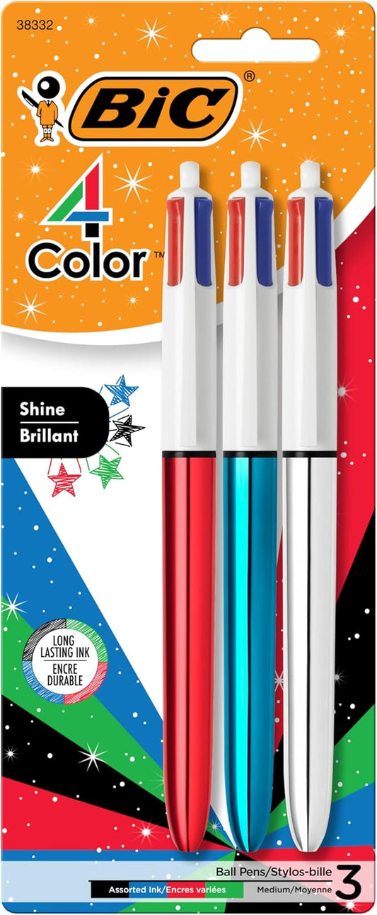 BIC 4 Color Shine Retractable Ballpoint Pen, 1.0 mm Medium Point, Long-Lasting Ink, 3-Count in Assorted Ink