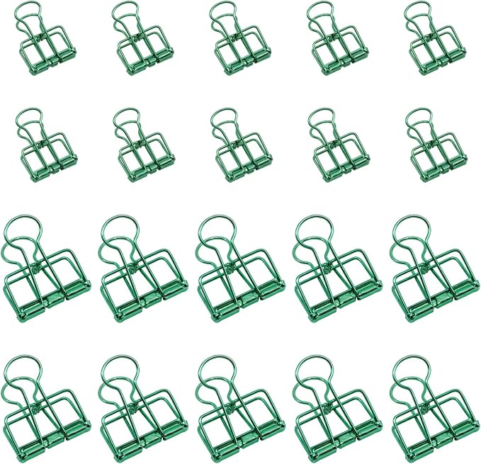 20 Pcs Hollow Out Long Tail Wire Binder Clips, 10 Medium + 10 Small | Green, Assorted Sizes, Hollow Binder Clamps, Paper Binder Clips for Office School Supplies