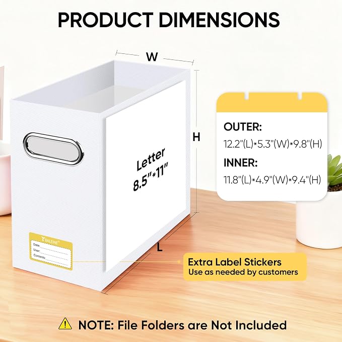 BALEINE File Organizer Box, Cardboard File Folder Organizer with Handle for Letter Size, Portable Collapsible Hanging Filing Box for Home Office Document Storage (2 Pack, White)