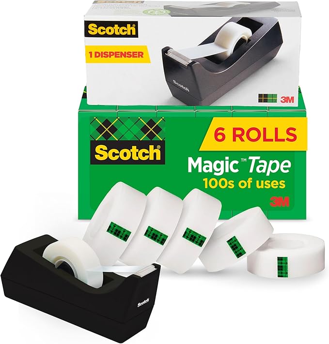 Scotch Magic Tape with Scotch Desktop Dispenser,6 Rolls of 3/4" x 1000" Each Plus 1 Desktop Tape Dispenser,Great for Repair,Wrapping and Office Applications,(Pack of 12)