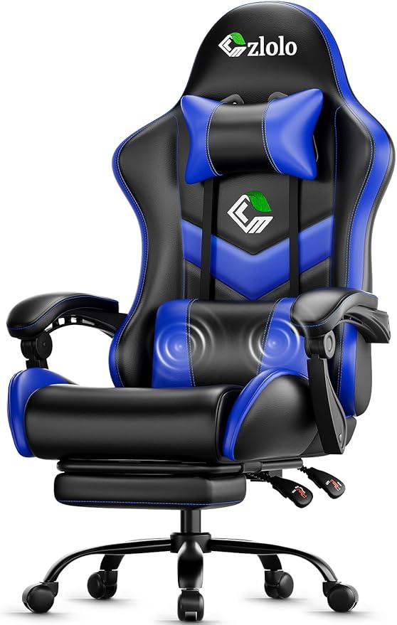 Gaming Chair, Ergonomic Office Computer Chair with Footrest and Lumbar Support Massager Racing Style High Back Video Gamer Chair, Wide＆Thick Cushion, 90°-135° Recline, Adjustable Height, Blue