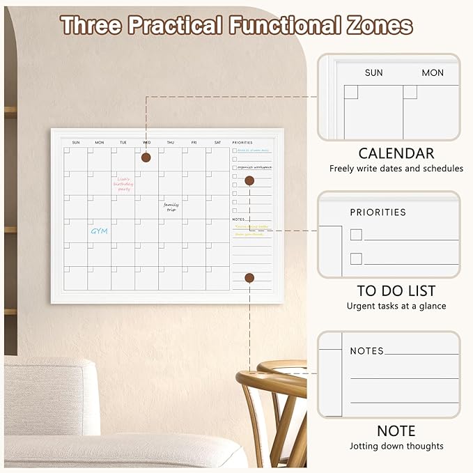 DOLLAR BOSS Magnetic WhiteBoard Calendar, 24x18 in, Monthly Dry Erase Board | Monthly Dry Erase Planner for Wall with White Wood Style Frame for Office, School, Dorm, Home Decor