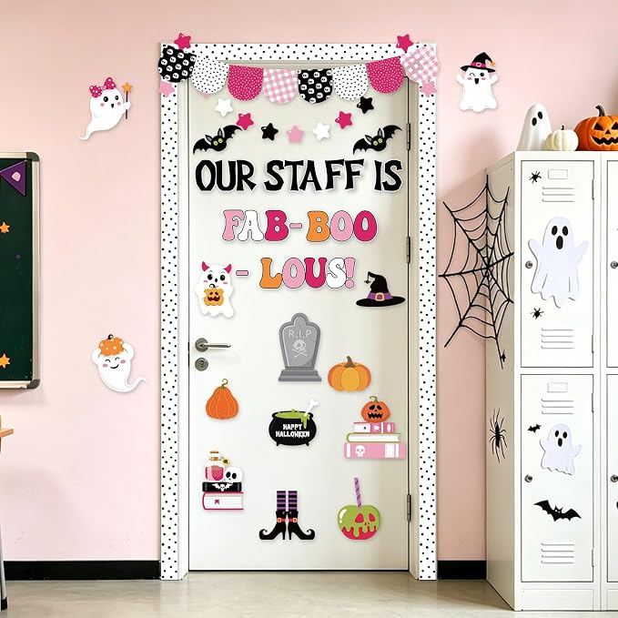 75Pcs Halloween Bulletin Board Decorations Set, Our Staff is Fab-Boo-Lous Halloween Pink Classroom Decor, Cute Boo Ghost Bat Paper Cutouts for School Office Door Wall Decor