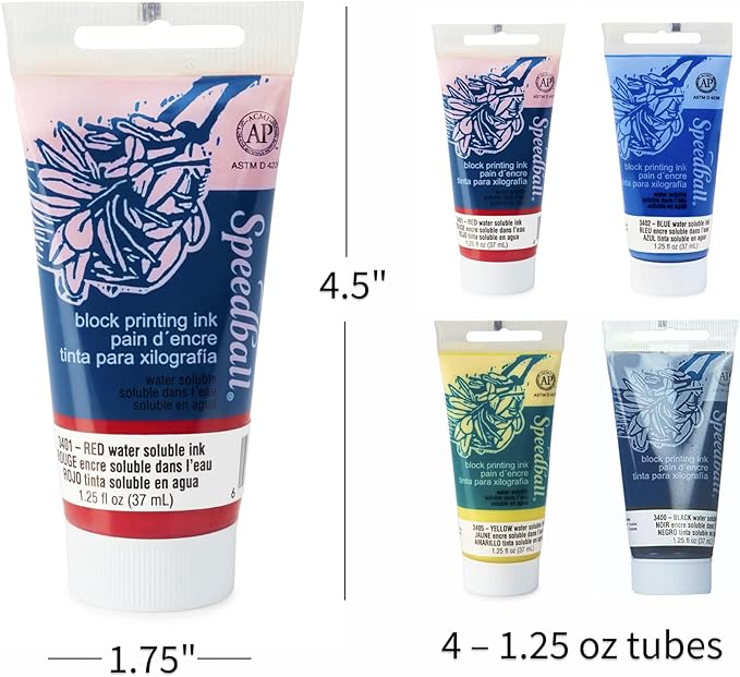Speedball Water-Soluble Block Printing Ink Set – 4 Bold Colors With Satiny Finish - 1.25 FL OZ Tubes