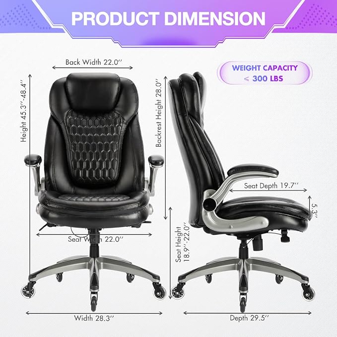 COLAMY Executive Office Chair, Bonded Leather Desk Chair with Flip-Up Arms, Lumbar Support, Ergonomic Tilt & Tension Control for Home Office