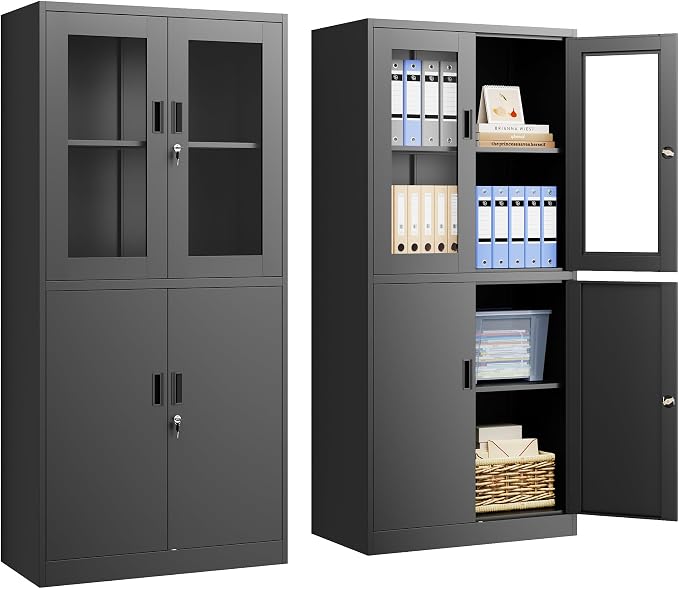 PEUKC Display Storage Cabinet with Glass Door, 71 Inches Metal Curio Cabinet with 2 Adjustable Shelves, Locking Glass Display Case for Home, Office, Clinic, Pantry, Assemble Required (Black)