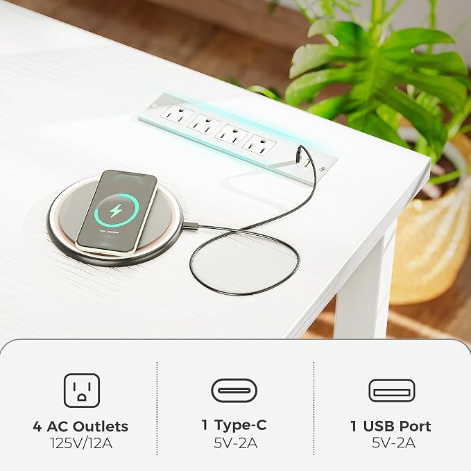Huuger 48 x 24 inch Desk with Power Outlets & USB-C, Deeper & Thicker Desktop, Robust Metal Tubes, Computer Desk, Heavy Duty Office Desk, Work Gaming Desk for Home Office, White