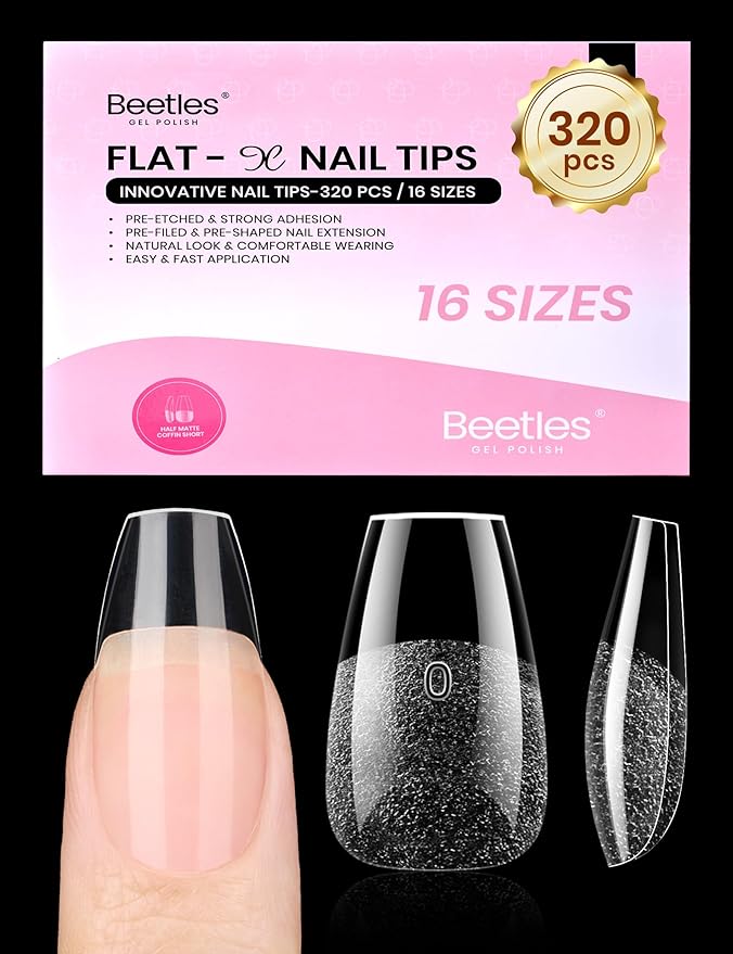 Beetles Gel Nail Tips Flat-X - Coffin Short, 320pcs 16 Sizes, Pre-Etched Half Matte Full Cover Soft Acrylic Press on False Nail Extension Tips Easy DIY Salon Art for Flat & Natural Nail Beds
