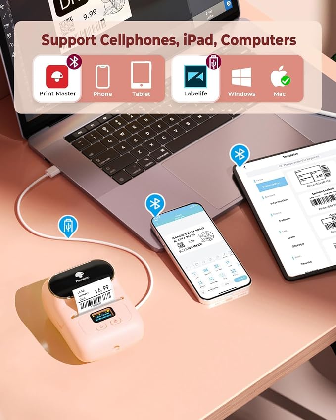 Phomemo M110 Label Maker- with 3 Packs Labels Mini Barcode Label Printer | Bluetooth Portable Label Maker No Ink, for Retail, Address, Barcode, Home, for PC/Mac, iOS/Android, Baby Pink