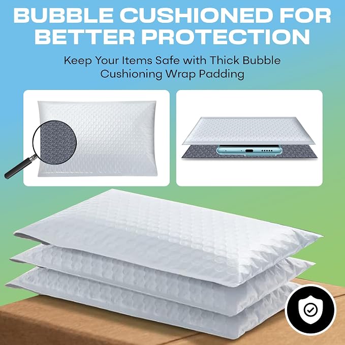 Arctic White Bubble Mailers 7.25x12 Poly Padded Envelopes #1 200 Pack | Fits Comics, Photos & Cards, Self-Seal Closure, Cushioned Protection, Water-Resistant Poly, Made in USA