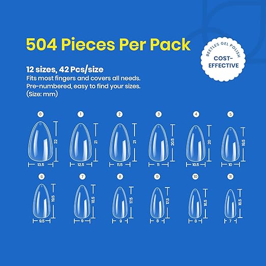 Beetles Gel Nail Tips Soft Nail Extension Set 504Pcs 12 Sizes Pre-Shape Clear Short Almond Nail Tips Press on Soft Gel Tips for Full Cover Soak off False Nails for Nail Art DIY Home Manicure