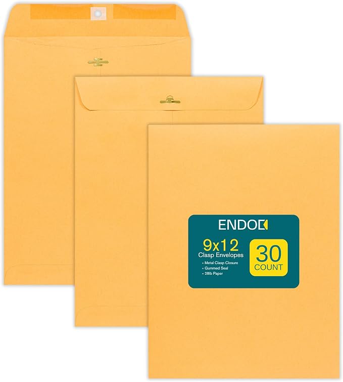 Clasp Envelopes 9x12 Inches Brown Kraft Catalog Letter Envelopes - 30 Pack - with Clasp Closure & Gummed Seal - 28lb Heavyweight Paper Envelopes for Home, Office, Business, Legal or School