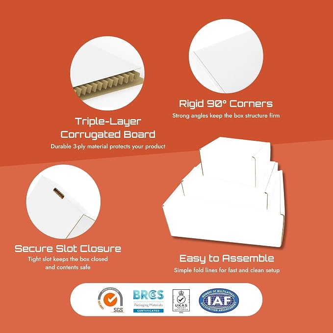 Corrugated Shipping Box Mailers, Kraft Brown, Triple-Layer Board Secure Slot Closure (White, 12"x9"x4" / Set of 10)
