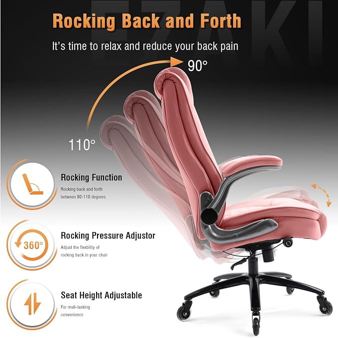 High Back Office Chair, Ergonomic Executive Computer Desk Chair | Flip Arms, Adjustable Built-in Lumbar Support, Thick Padded, Strong Metal Base, Quiet Wheels Work Chairs for Long Hours