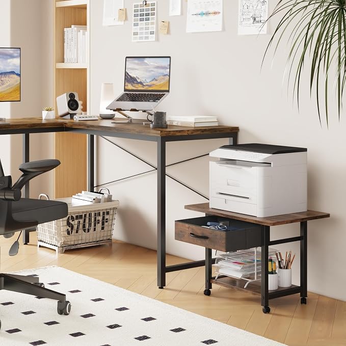 YAOHUOO 22"x15" Large Printer Stand with Drawer, 2-Tier Rolling Table Cart | Under Desk Printer Table,Storage Fabric Drawer,Fit printer/fax/3d/scanner,4 Lock Wheels or Feet,For Home Office Dorms,Brown