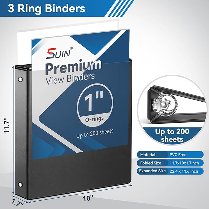 SUIN 1-inch 3 Ring Binder with 2 Interior Pockets, 1''Durable Binders Holds US Letter Size 8.5'' x 11'' Paper - Versatile Binders for Office, Home, and School Use, 6 Pack Black