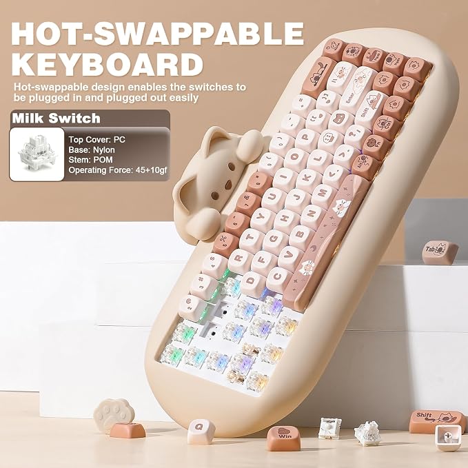 YUNZII C68 Wireless Mechanical Keyboard,65% Layout,Hot Swap,Triple Mode BT5.0/2.4G/Wired, RGB Backlit NKRO,Cute Cat Silicone Ergonomic Design for Win/Mac (Brown, Milk Switch) | Wireless Triple Mode BT5.0/2.4G/Wired, RGB Backlit NKRO, Cute Cat Silicone ...