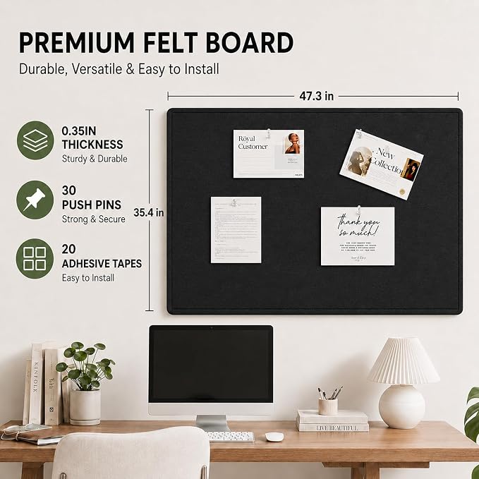 Felt Bulletin Board for Wall 48" x 36" Unfolded Size, Large Frameless Felt Pin Board, Soft Cork Board Alternative for Office, Home Planning, Notes, Photos & Wall Decor, Foldable Shipping, Easy Install