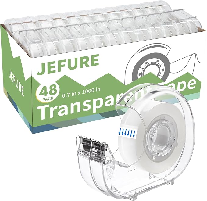 48 Rolls Transparent Tape with Dispenser, 0.7 in x 1000 in | Clear Tape Rolls, with Refillable Dispensers, for Office, School, Craft Jobs, Gift Wrapping, Repairing, Home Use