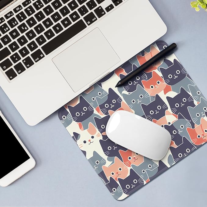 Mouse Pad with Stitched Edges - Cute Cat Mousepad for Women, 9.25 x 7.75 inch Washable Square Desk Pad, Non-Slip Rubber Base, Office Home Laptop Accessories - Meow Harmony